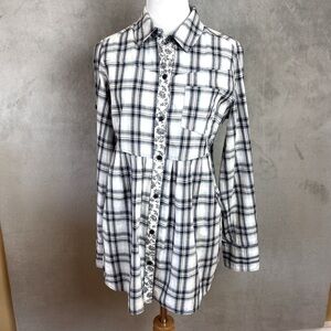 Free People Plaid Button Front Babydoll Tunic Top Women’s Size 10 Blue Cotton